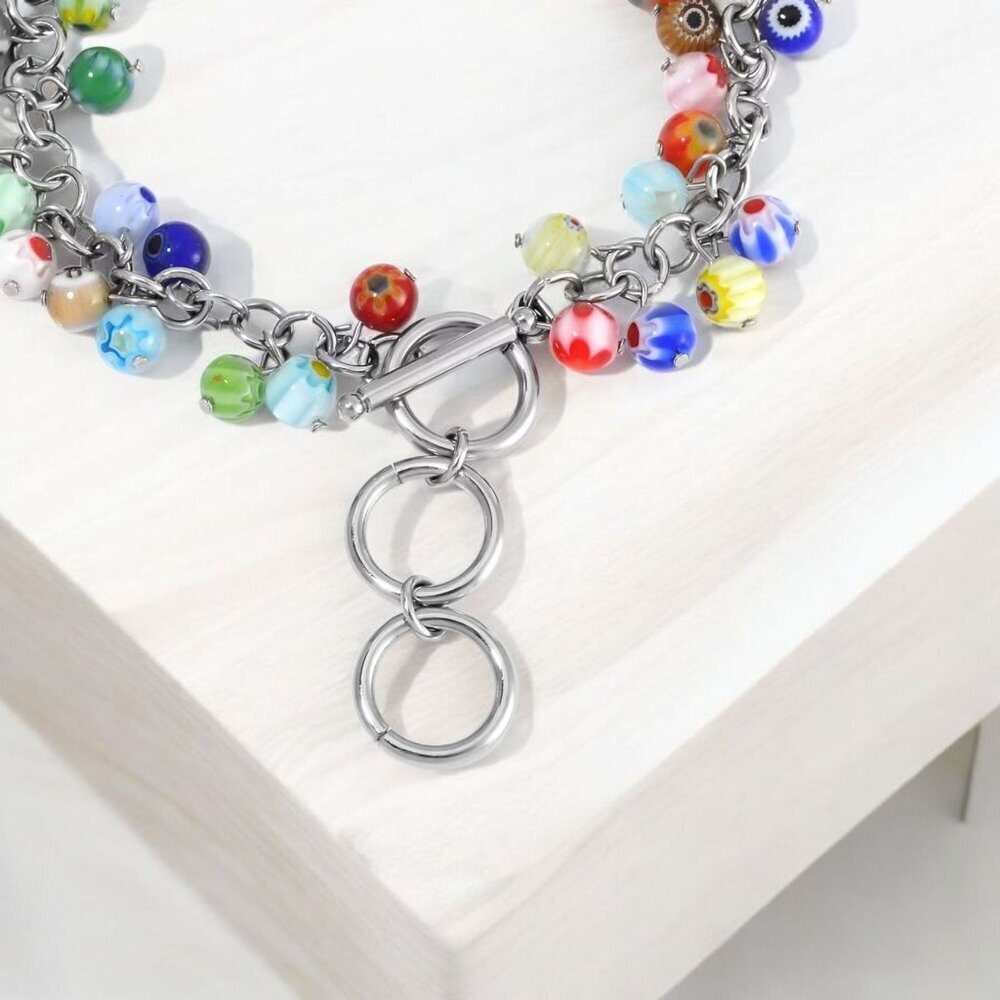 Murano Style ✦ Floral Glass Bead Bracelet ✦ 316L Stainless Toggle Clasp 9" NWT - Picture 3 of 6